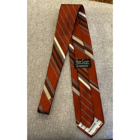 Vintage 70’s PIERRE CARDIN Rust Red Grey Cream Stripe Logo 100% Polyester Tie - Picture 7 of 7